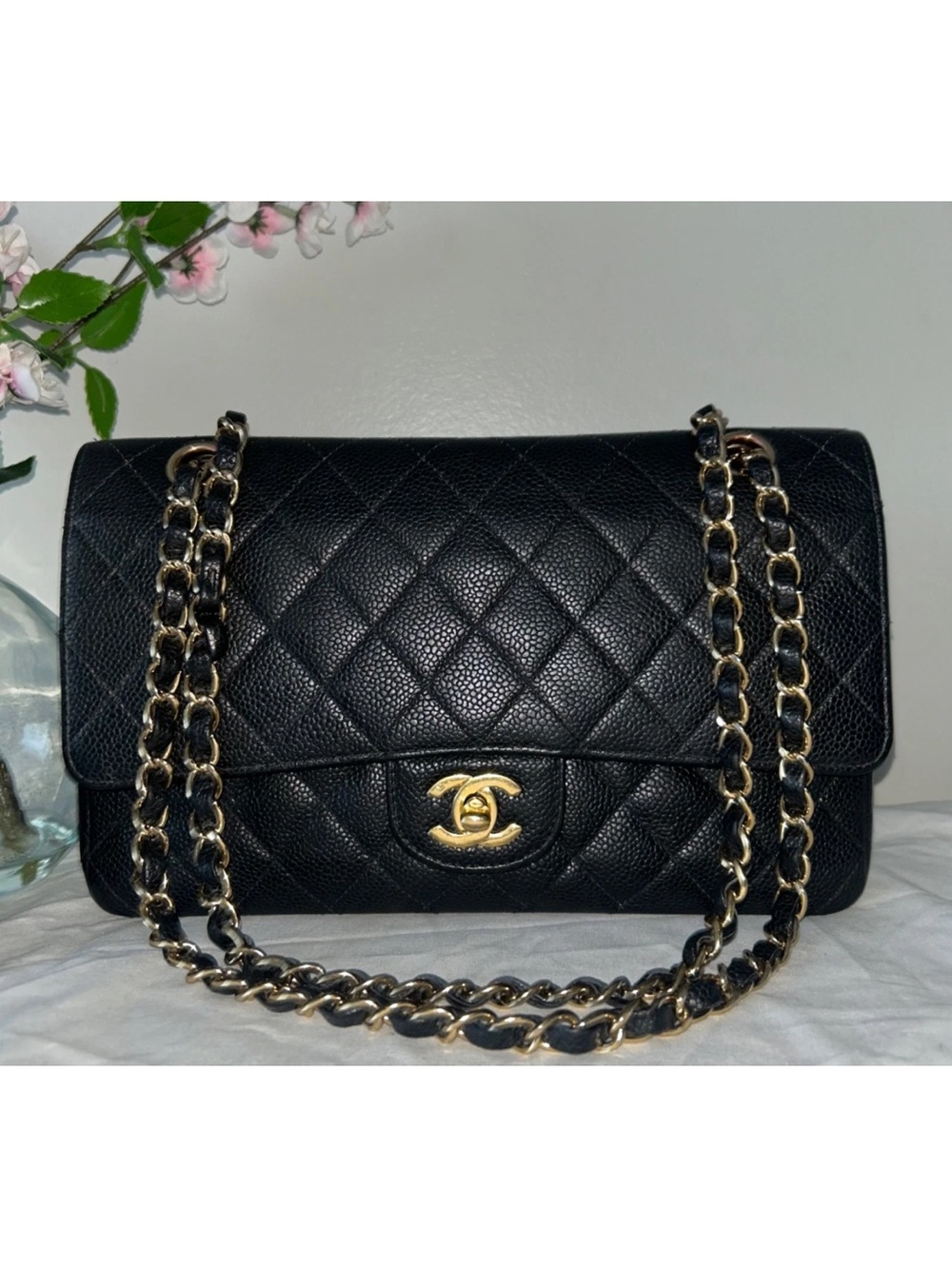 CHANEL Medium Classic Double Flap Caviar Quilted Handbag Black / 24K Gold